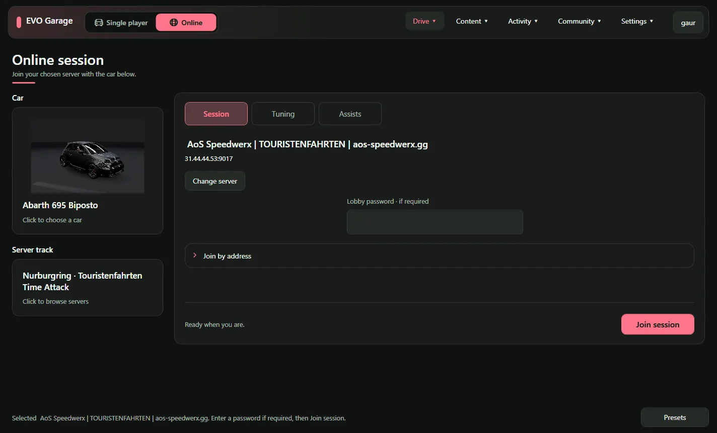 Online session screen in EVO Garage with an Abarth 695 Biposto selected for a Nurburgring Touristenfahrten server.