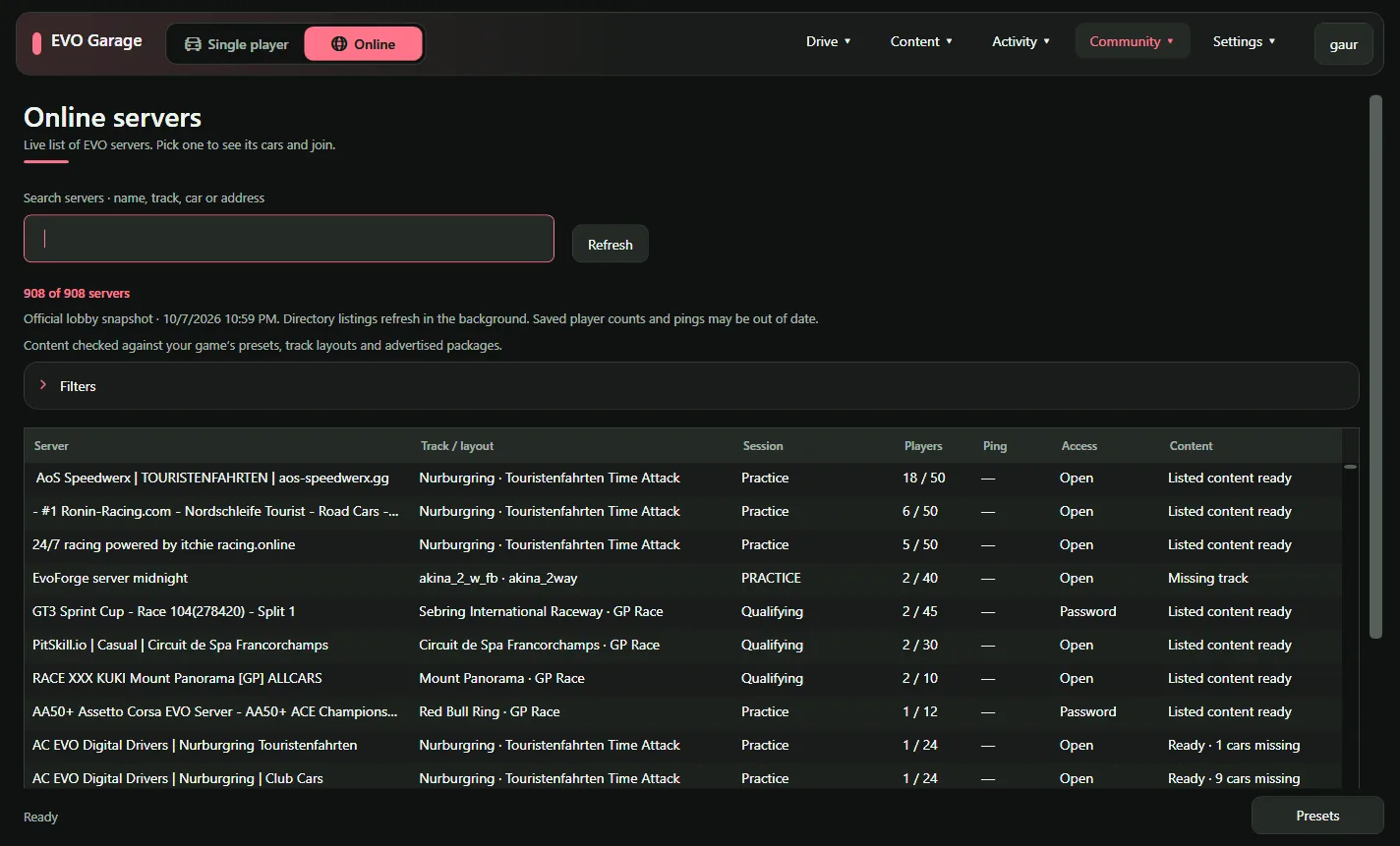 Online servers list in EVO Garage showing 908 servers with track, session, player count, access and content status columns.